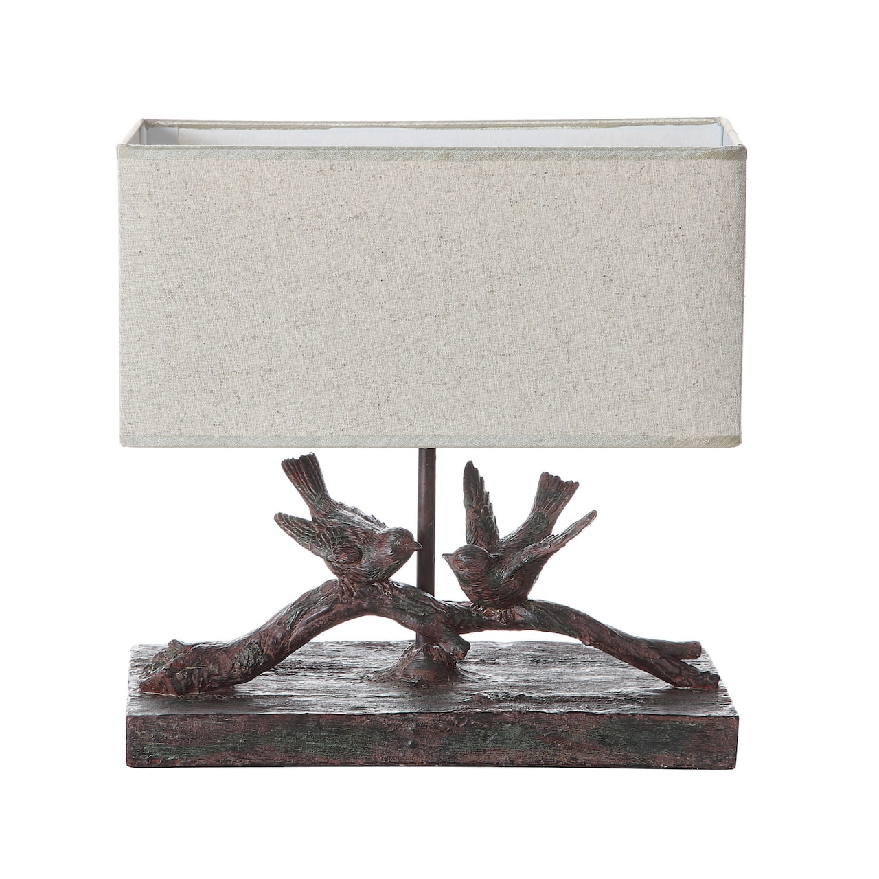 Hello Honey® 12.2" Rustic Birds-On-Branch Lamp with Rectangle Flax Shade